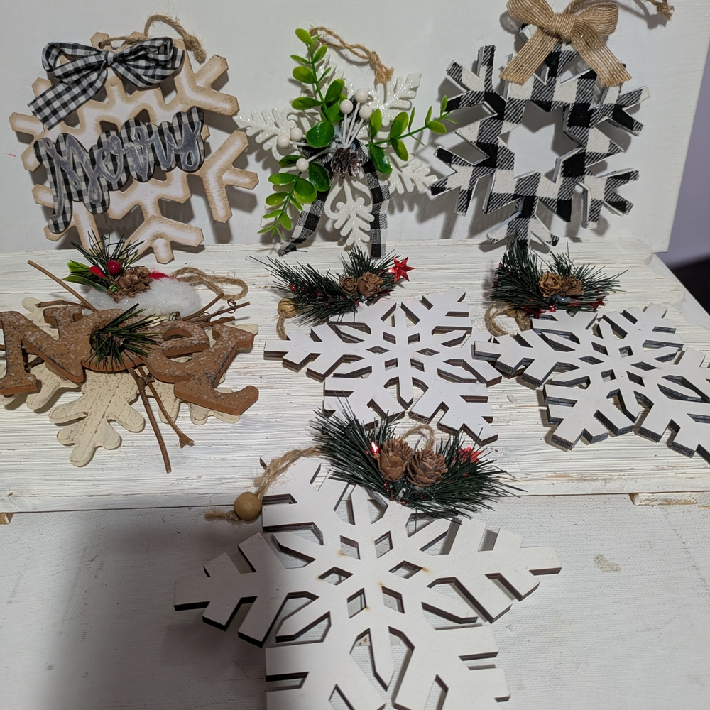 Rustic Snowflake Christmas Tree Ornament Collection - White & Black Check Theme